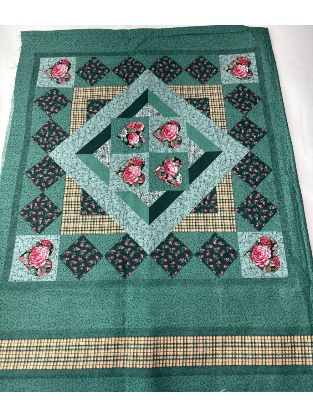 Quilt Top Patchwork Rose Plaid Floral Cotton Fabric 35"x44" w/17"x3.5" Border